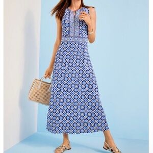 Talbots 2X Plus Effortless Jersey Maxi Dress Floral Tiles Blue White Resort
